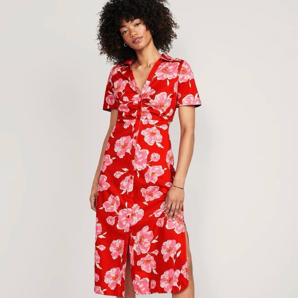 NWT Old Navy M Cutout Midi Red Floral Dress